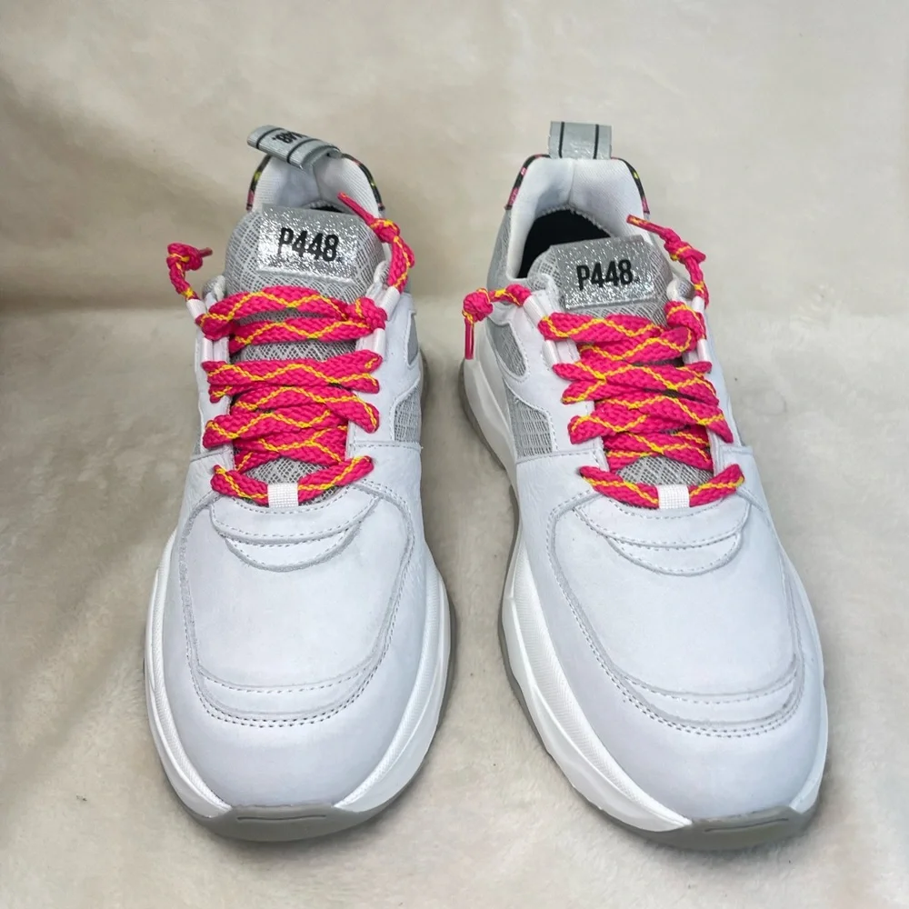P448 Luke White and Pink Leopard Chunky Trainer Sneakers 39 EU, ( E 538)‎